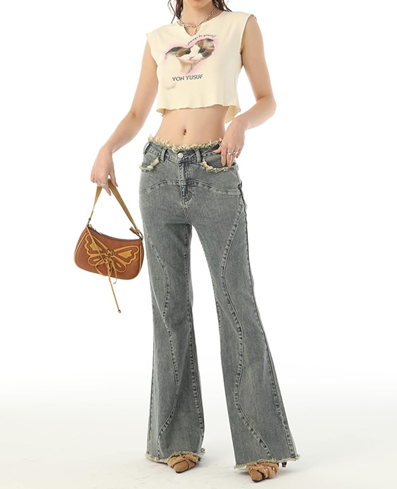 Womens Vintage Bell Bottom Jeans Low Rise Stretchy